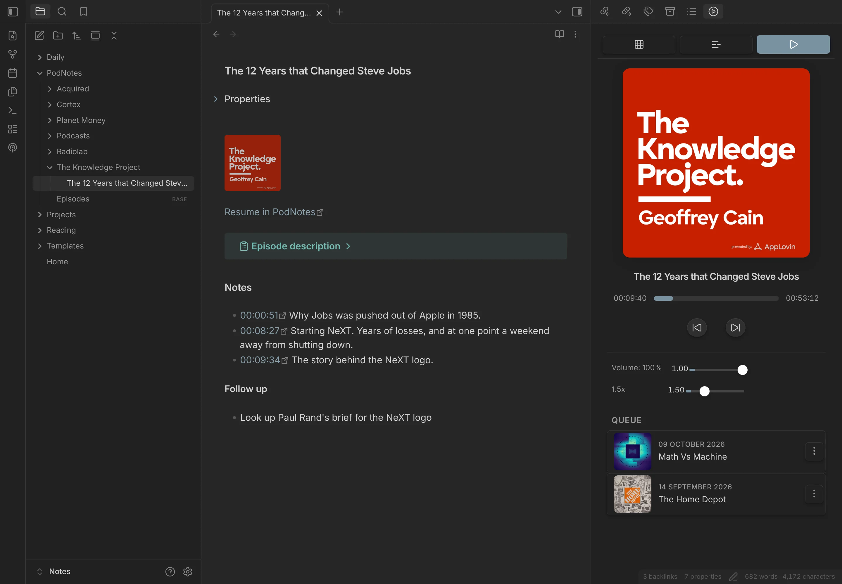 An episode note in Obsidian with timestamp links captured while the episode plays in PodNotes